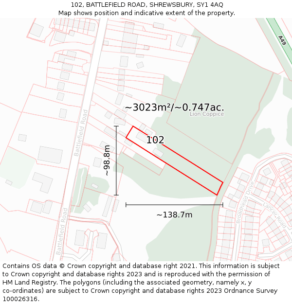 102, BATTLEFIELD ROAD, SHREWSBURY, SY1 4AQ: Plot and title map
