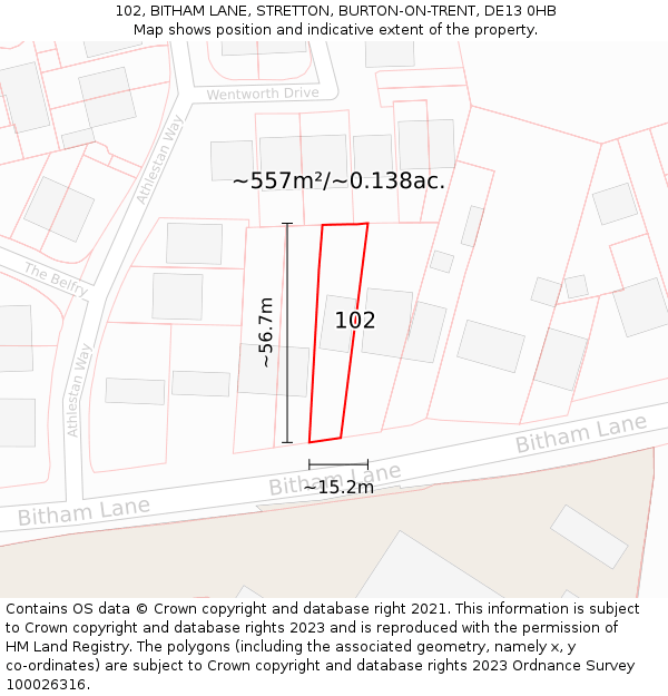 102, BITHAM LANE, STRETTON, BURTON-ON-TRENT, DE13 0HB: Plot and title map