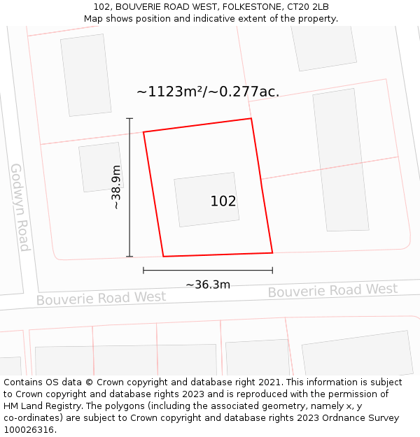 102, BOUVERIE ROAD WEST, FOLKESTONE, CT20 2LB: Plot and title map