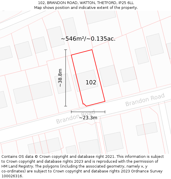 102, BRANDON ROAD, WATTON, THETFORD, IP25 6LL: Plot and title map