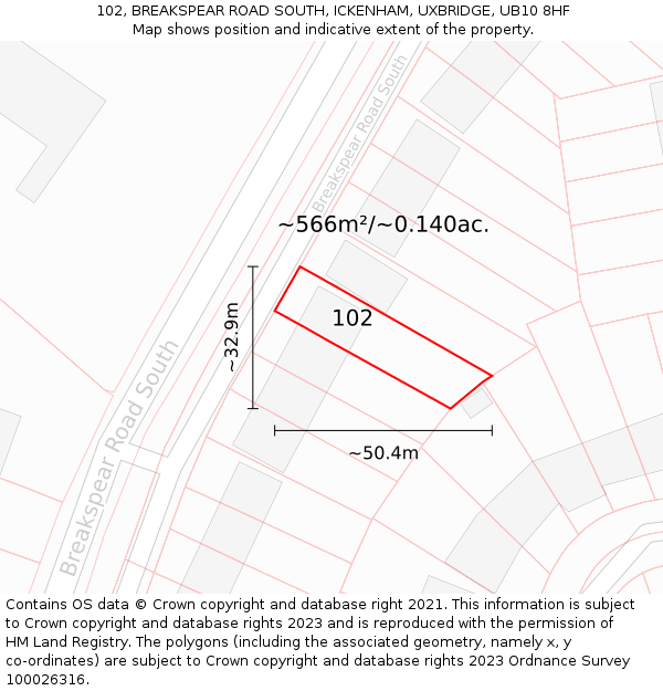 102, BREAKSPEAR ROAD SOUTH, ICKENHAM, UXBRIDGE, UB10 8HF: Plot and title map