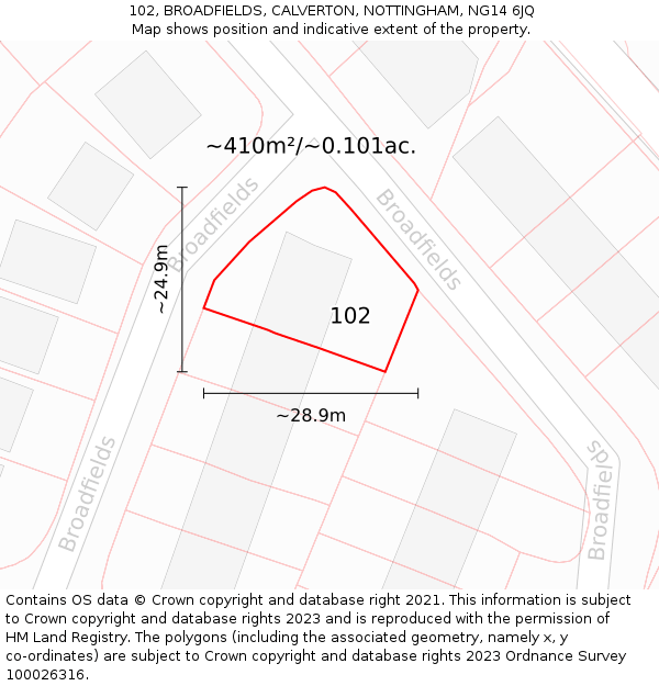 102, BROADFIELDS, CALVERTON, NOTTINGHAM, NG14 6JQ: Plot and title map