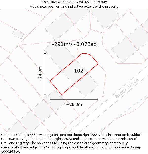 102, BROOK DRIVE, CORSHAM, SN13 9AY: Plot and title map