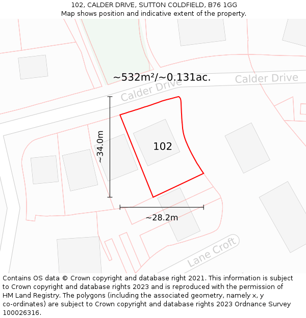 102, CALDER DRIVE, SUTTON COLDFIELD, B76 1GG: Plot and title map