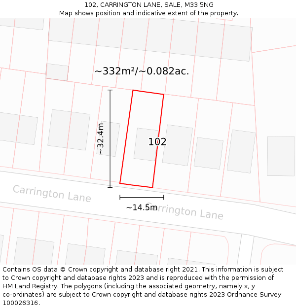 102, CARRINGTON LANE, SALE, M33 5NG: Plot and title map