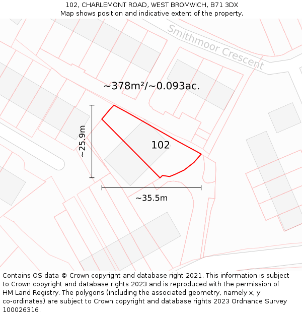 102, CHARLEMONT ROAD, WEST BROMWICH, B71 3DX: Plot and title map