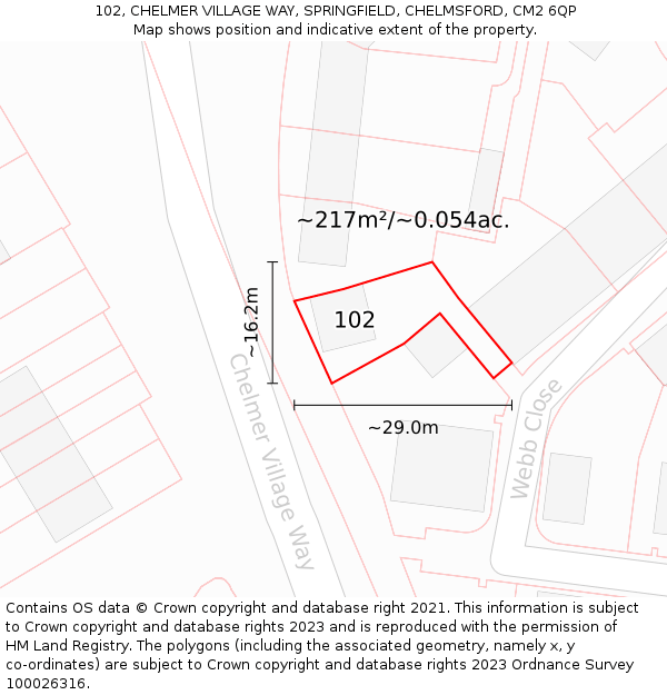 102, CHELMER VILLAGE WAY, SPRINGFIELD, CHELMSFORD, CM2 6QP: Plot and title map