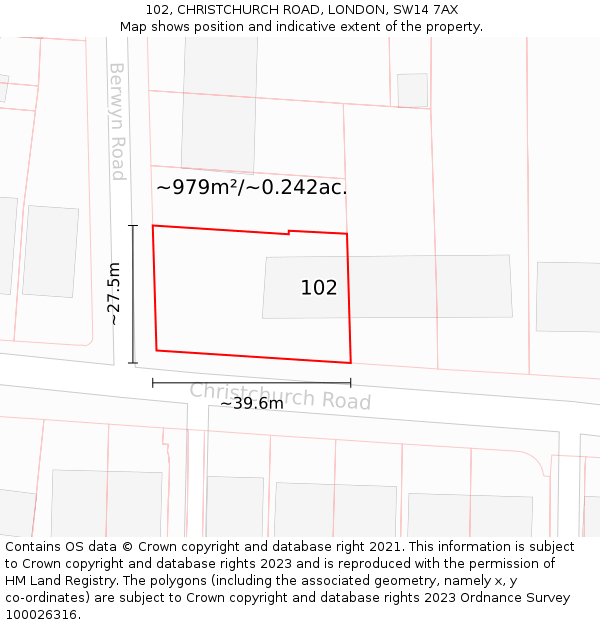 102, CHRISTCHURCH ROAD, LONDON, SW14 7AX: Plot and title map