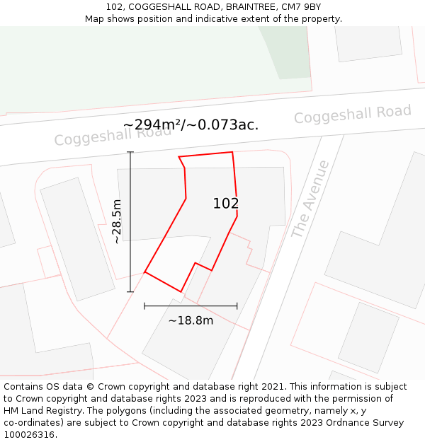 102, COGGESHALL ROAD, BRAINTREE, CM7 9BY: Plot and title map