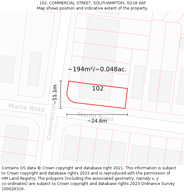 102, COMMERCIAL STREET, SOUTHAMPTON, SO18 6AF: Plot and title map
