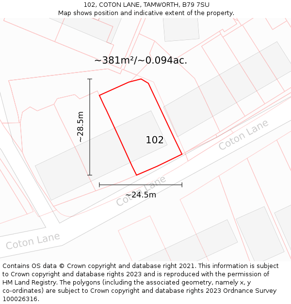 102, COTON LANE, TAMWORTH, B79 7SU: Plot and title map