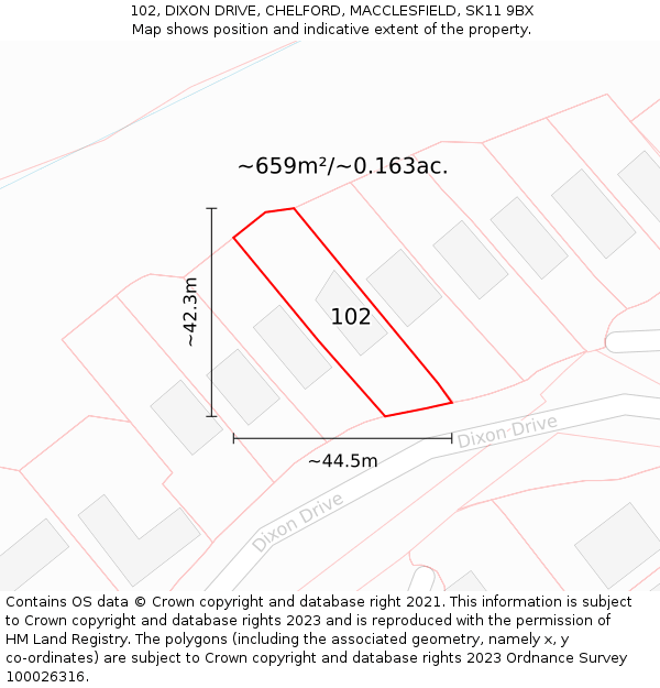 102, DIXON DRIVE, CHELFORD, MACCLESFIELD, SK11 9BX: Plot and title map