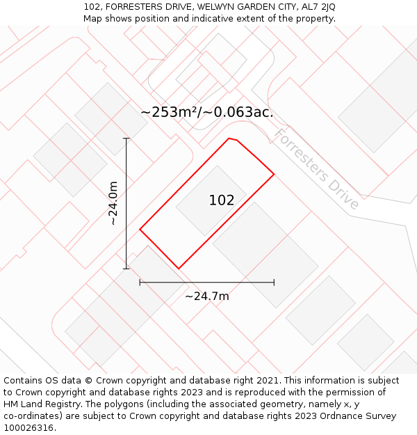 102, FORRESTERS DRIVE, WELWYN GARDEN CITY, AL7 2JQ: Plot and title map