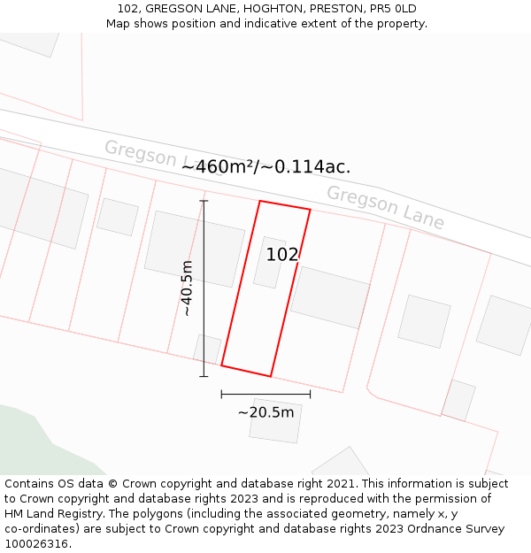 102, GREGSON LANE, HOGHTON, PRESTON, PR5 0LD: Plot and title map