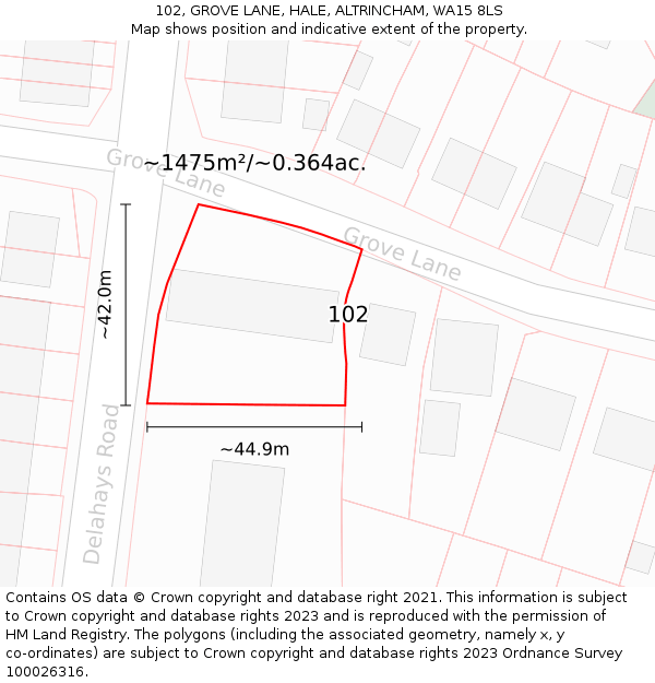 102, GROVE LANE, HALE, ALTRINCHAM, WA15 8LS: Plot and title map
