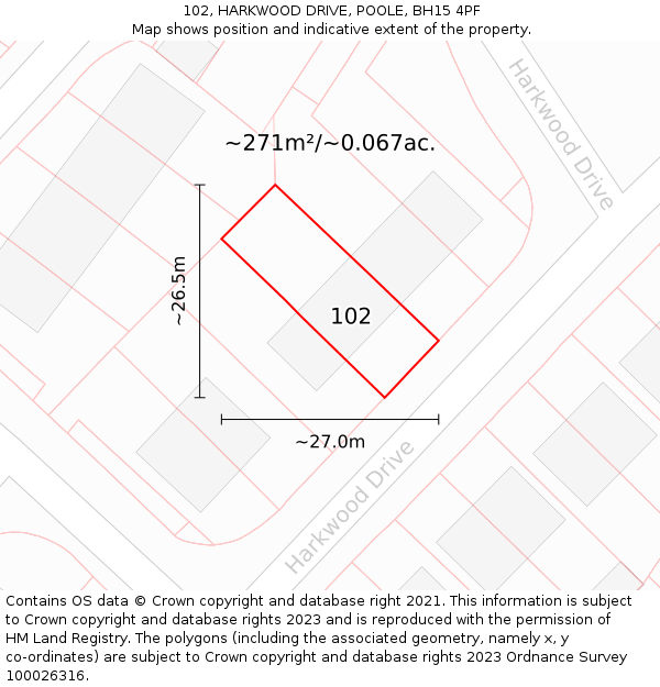 102, HARKWOOD DRIVE, POOLE, BH15 4PF: Plot and title map