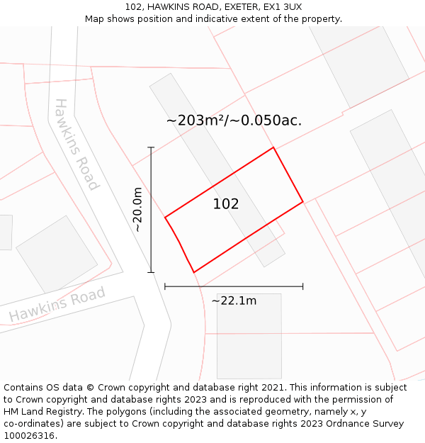 102, HAWKINS ROAD, EXETER, EX1 3UX: Plot and title map