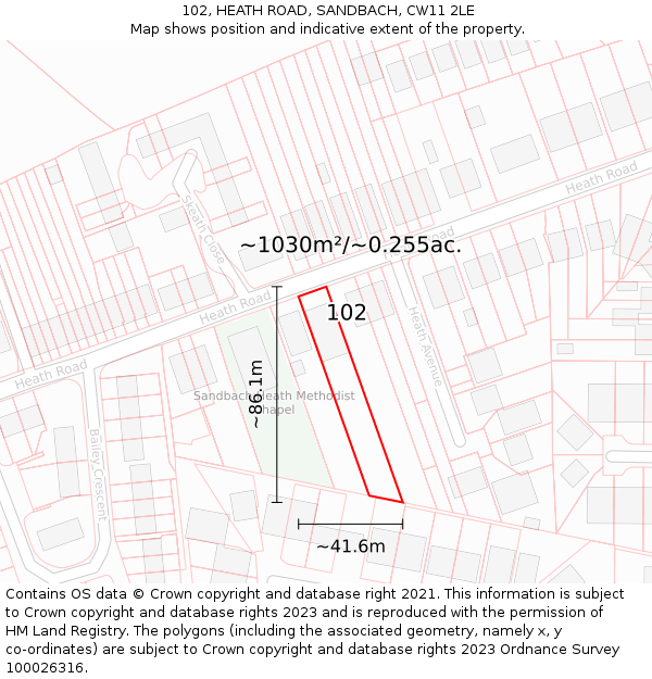 102, HEATH ROAD, SANDBACH, CW11 2LE: Plot and title map