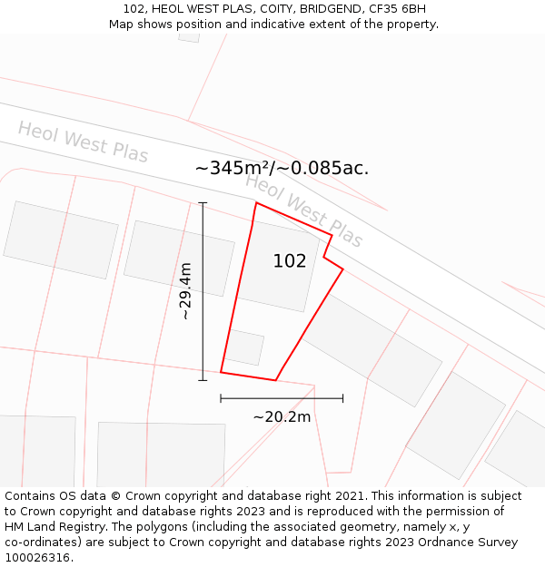 102, HEOL WEST PLAS, COITY, BRIDGEND, CF35 6BH: Plot and title map