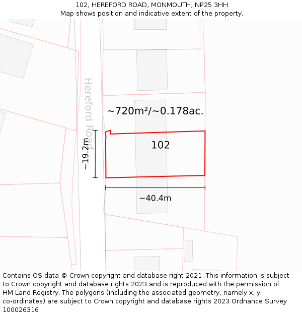 102, HEREFORD ROAD, MONMOUTH, NP25 3HH: Plot and title map