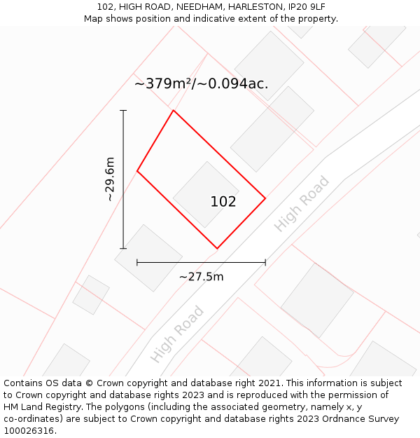 102, HIGH ROAD, NEEDHAM, HARLESTON, IP20 9LF: Plot and title map