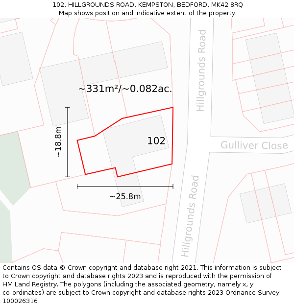 102, HILLGROUNDS ROAD, KEMPSTON, BEDFORD, MK42 8RQ: Plot and title map