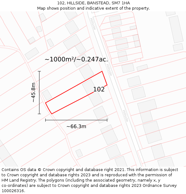 102, HILLSIDE, BANSTEAD, SM7 1HA: Plot and title map