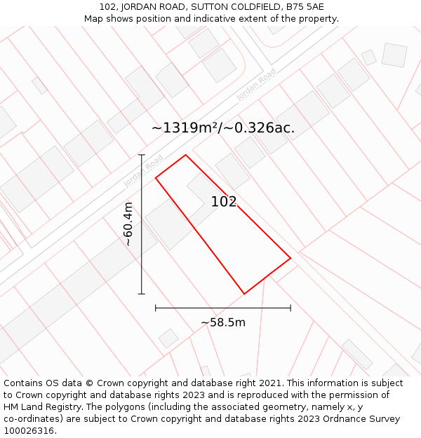 102, JORDAN ROAD, SUTTON COLDFIELD, B75 5AE: Plot and title map
