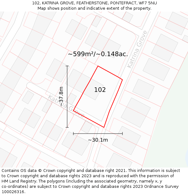 102, KATRINA GROVE, FEATHERSTONE, PONTEFRACT, WF7 5NU: Plot and title map