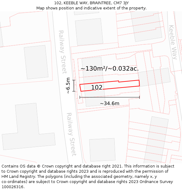 102, KEEBLE WAY, BRAINTREE, CM7 3JY: Plot and title map