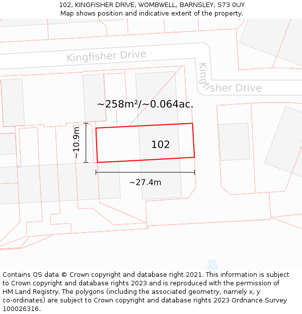 102, KINGFISHER DRIVE, WOMBWELL, BARNSLEY, S73 0UY: Plot and title map