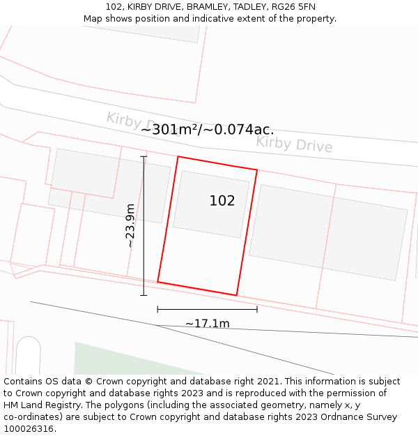 102, KIRBY DRIVE, BRAMLEY, TADLEY, RG26 5FN: Plot and title map
