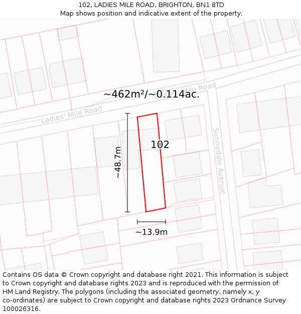 102, LADIES MILE ROAD, BRIGHTON, BN1 8TD: Plot and title map
