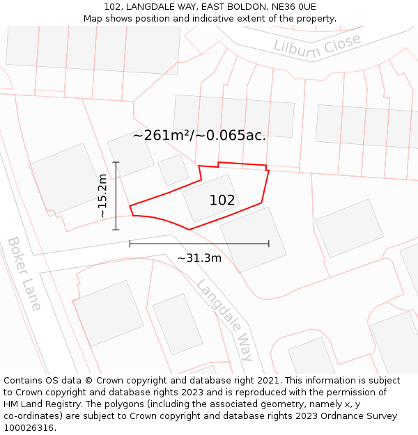 102, LANGDALE WAY, EAST BOLDON, NE36 0UE: Plot and title map