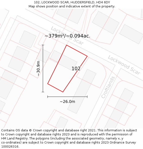 102, LOCKWOOD SCAR, HUDDERSFIELD, HD4 6DY: Plot and title map