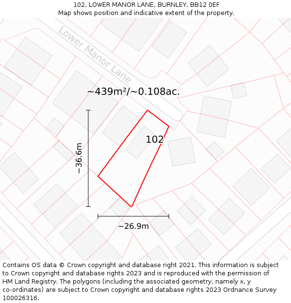 102, LOWER MANOR LANE, BURNLEY, BB12 0EF: Plot and title map