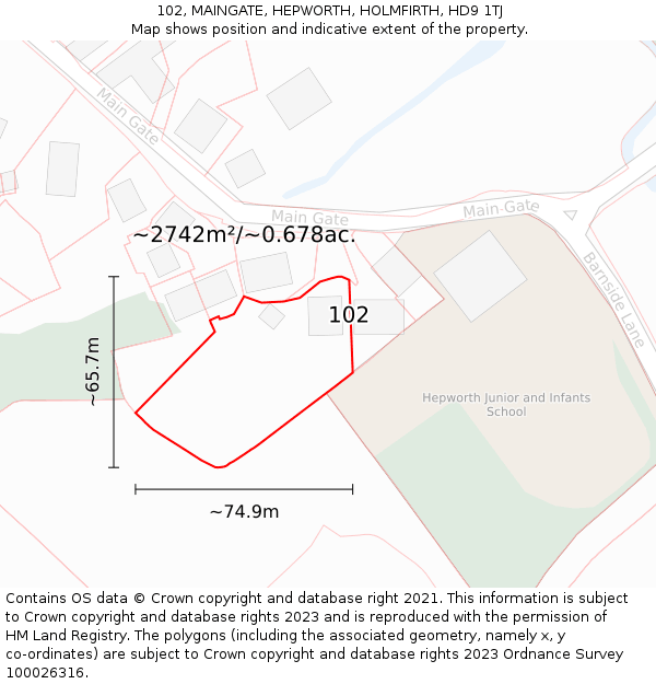 102, MAINGATE, HEPWORTH, HOLMFIRTH, HD9 1TJ: Plot and title map