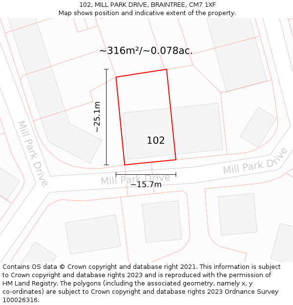 102, MILL PARK DRIVE, BRAINTREE, CM7 1XF: Plot and title map