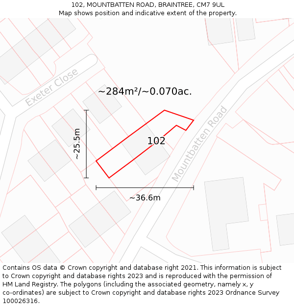 102, MOUNTBATTEN ROAD, BRAINTREE, CM7 9UL: Plot and title map