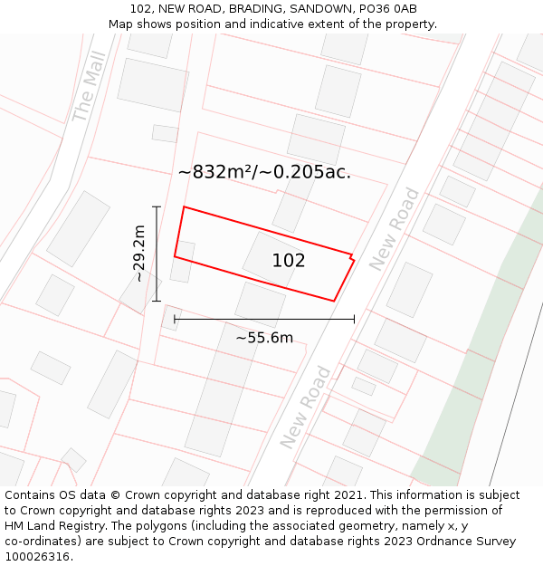 102, NEW ROAD, BRADING, SANDOWN, PO36 0AB: Plot and title map
