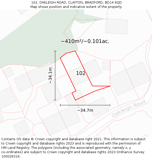 102, OAKLEIGH ROAD, CLAYTON, BRADFORD, BD14 6QD: Plot and title map