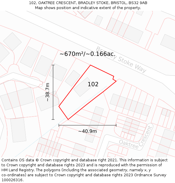 102, OAKTREE CRESCENT, BRADLEY STOKE, BRISTOL, BS32 9AB: Plot and title map