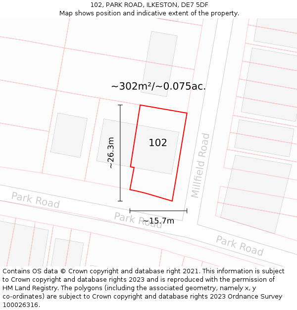 102, PARK ROAD, ILKESTON, DE7 5DF: Plot and title map
