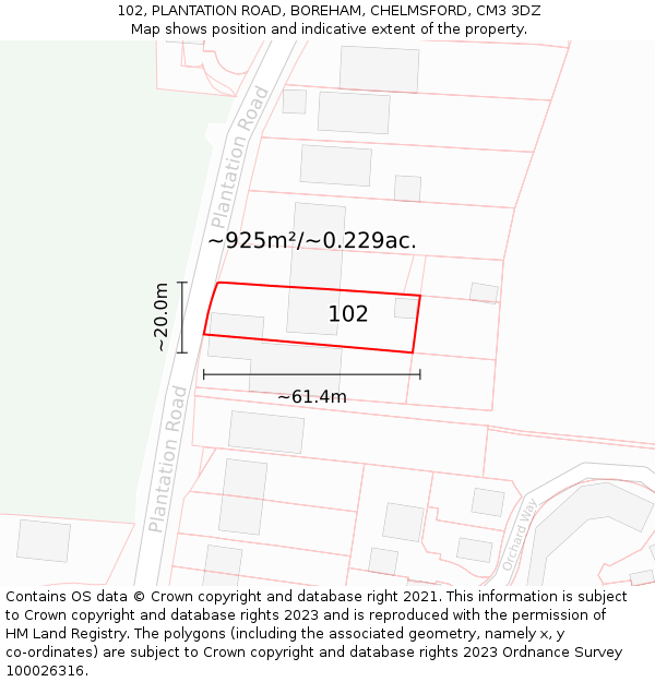 102, PLANTATION ROAD, BOREHAM, CHELMSFORD, CM3 3DZ: Plot and title map