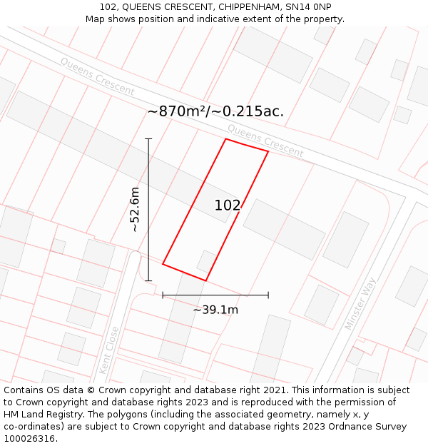 102, QUEENS CRESCENT, CHIPPENHAM, SN14 0NP: Plot and title map