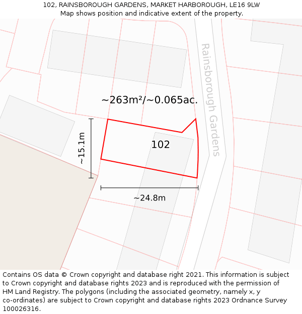 102, RAINSBOROUGH GARDENS, MARKET HARBOROUGH, LE16 9LW: Plot and title map