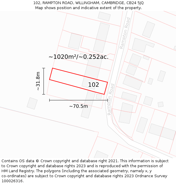 102, RAMPTON ROAD, WILLINGHAM, CAMBRIDGE, CB24 5JQ: Plot and title map