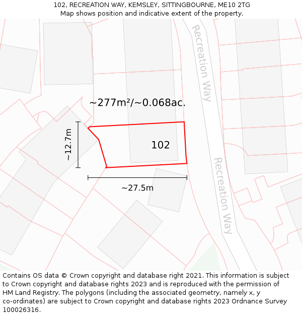 102, RECREATION WAY, KEMSLEY, SITTINGBOURNE, ME10 2TG: Plot and title map