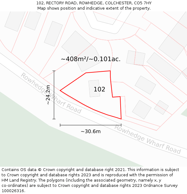 102, RECTORY ROAD, ROWHEDGE, COLCHESTER, CO5 7HY: Plot and title map