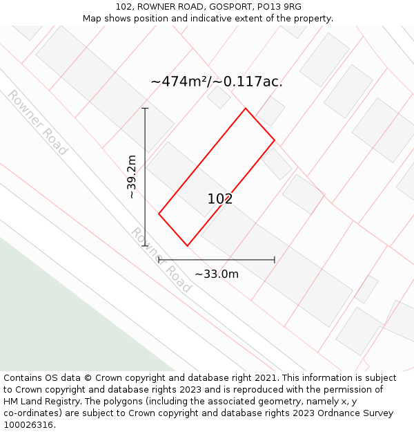 102, ROWNER ROAD, GOSPORT, PO13 9RG: Plot and title map